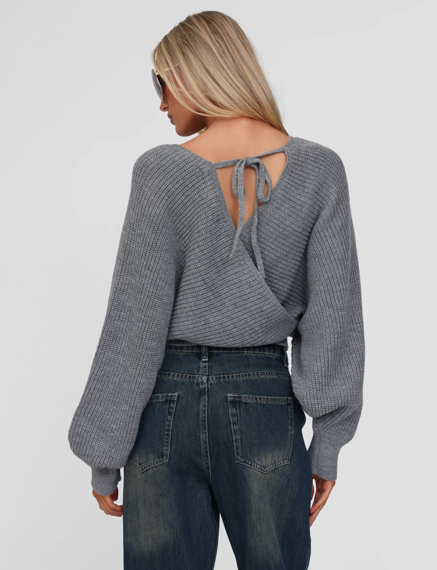 

Dourbesty Women's Wrap V Neck Sweaters Long Sleeve Tie-up Back Solid Color Knit Tops Pullovers