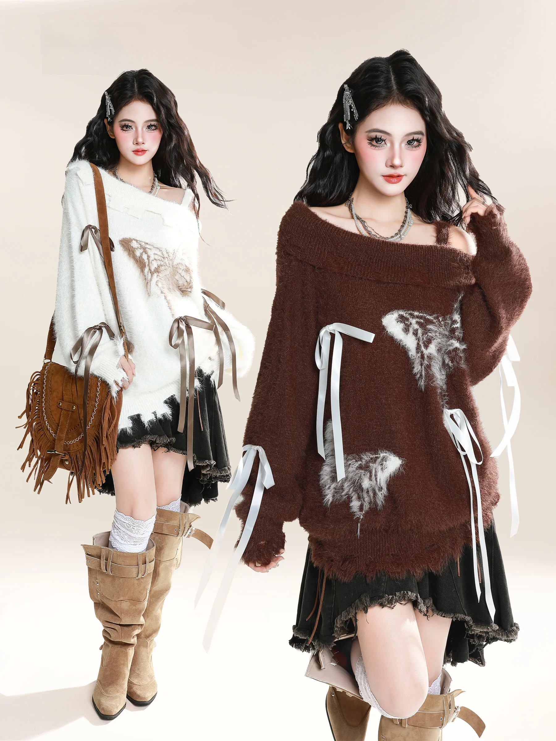 

Модный свободный женский свитер в американском стиле ретро с узлом и отверстием Long Sve, осенне-зимний дизайнерский вязаный топ