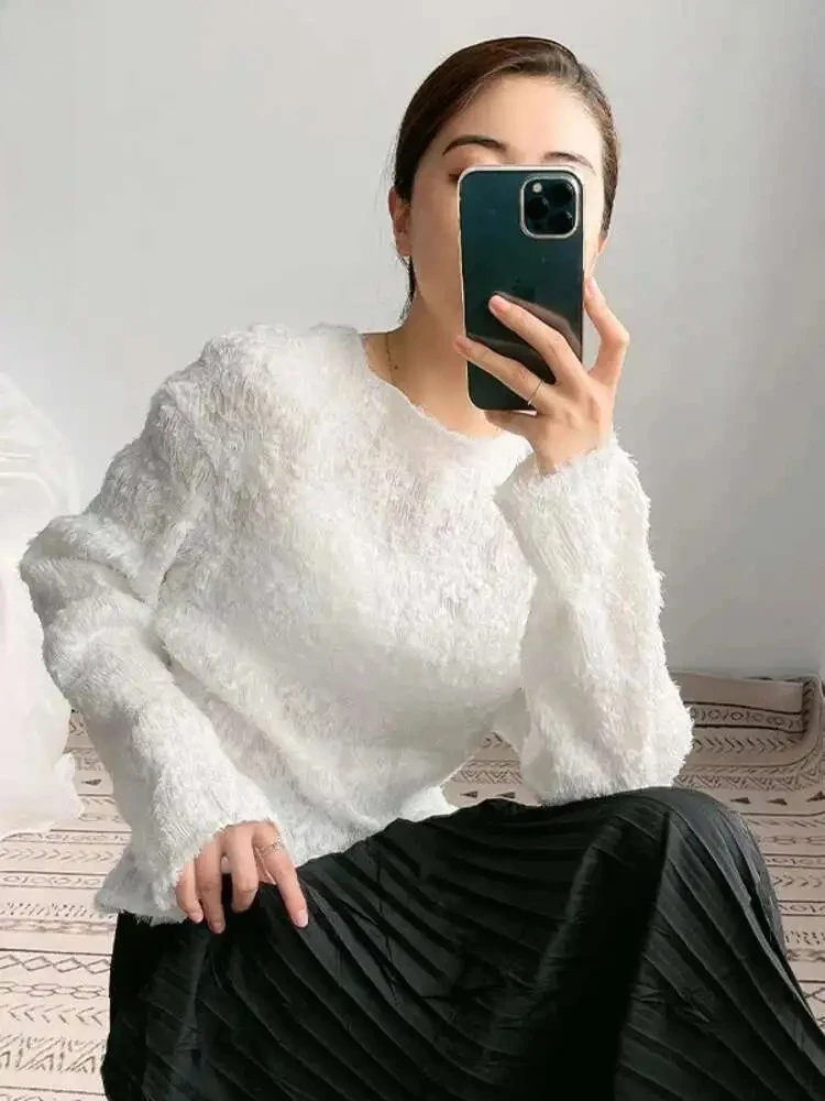 

Long Sleeve Round Neck Solid Colour Casual Peplum Bottom Shirt Fashionable Women's Pleated T Shirt Miyake 2025 Summer New