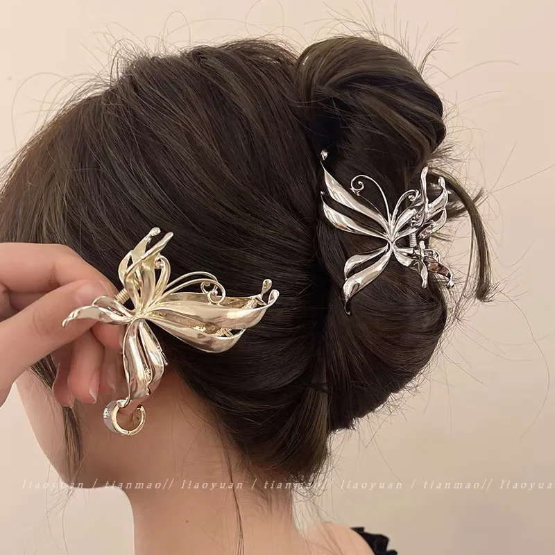 2023 Frauen Retro Schmetterling Klaue Clip kleine goldene Haarspange Mädchen mittlere Metall Haarspangen Lady Silber Y2K Haarnadel Haar-Accessoire – Detail 1