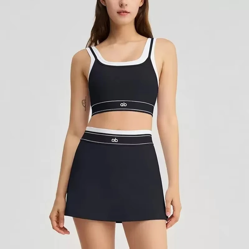 Yoga Skirt Set Women 2 Piece Athletic Breathable Tank Top Skort Shorts Fitness Outfit Pockets Skirt Suit Fitness Bra Sports Suit