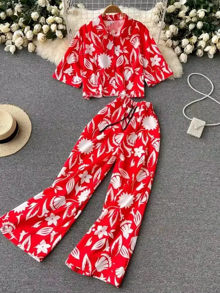 Women Printed Two Piec Sets Summer Short Sleeved Polo Collar Shirt Straight Leg Loose Long Pants Casual Suits Flroal Outfits