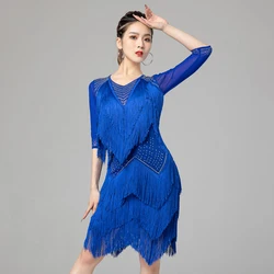 One-piece Dress Women Dance Clothes Competition Ballroom Dress Samba Costume Party Dresses Stretchy Fringes Latin Dress Mesh