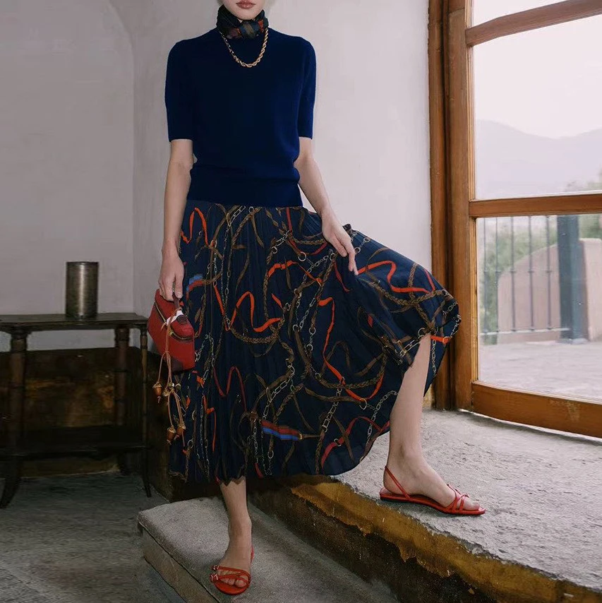 

Модная плиссированная юбка с высокой талией из ацетата с цепочкой, женская, весна 2026, с принтом, из других материалов