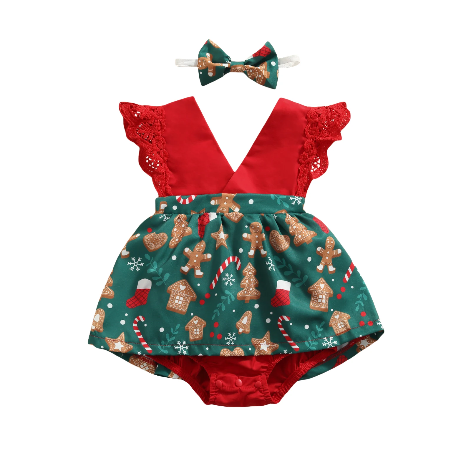 Baby Girl Romper Santa House Plaid Snowflake Print Fly Sleeve V Neck Crotch Buttons Dress-Shaped Jumpsuit