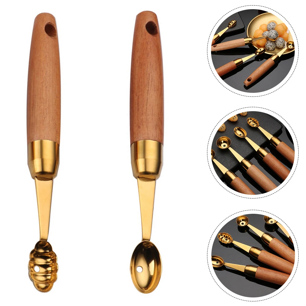 2 Buah Sendok Penggali Buah Peralatan Dapur Pegangan Kayu Baja Tahan Karat untuk Semangka Pantalon Mentimun Baller Buah Naga