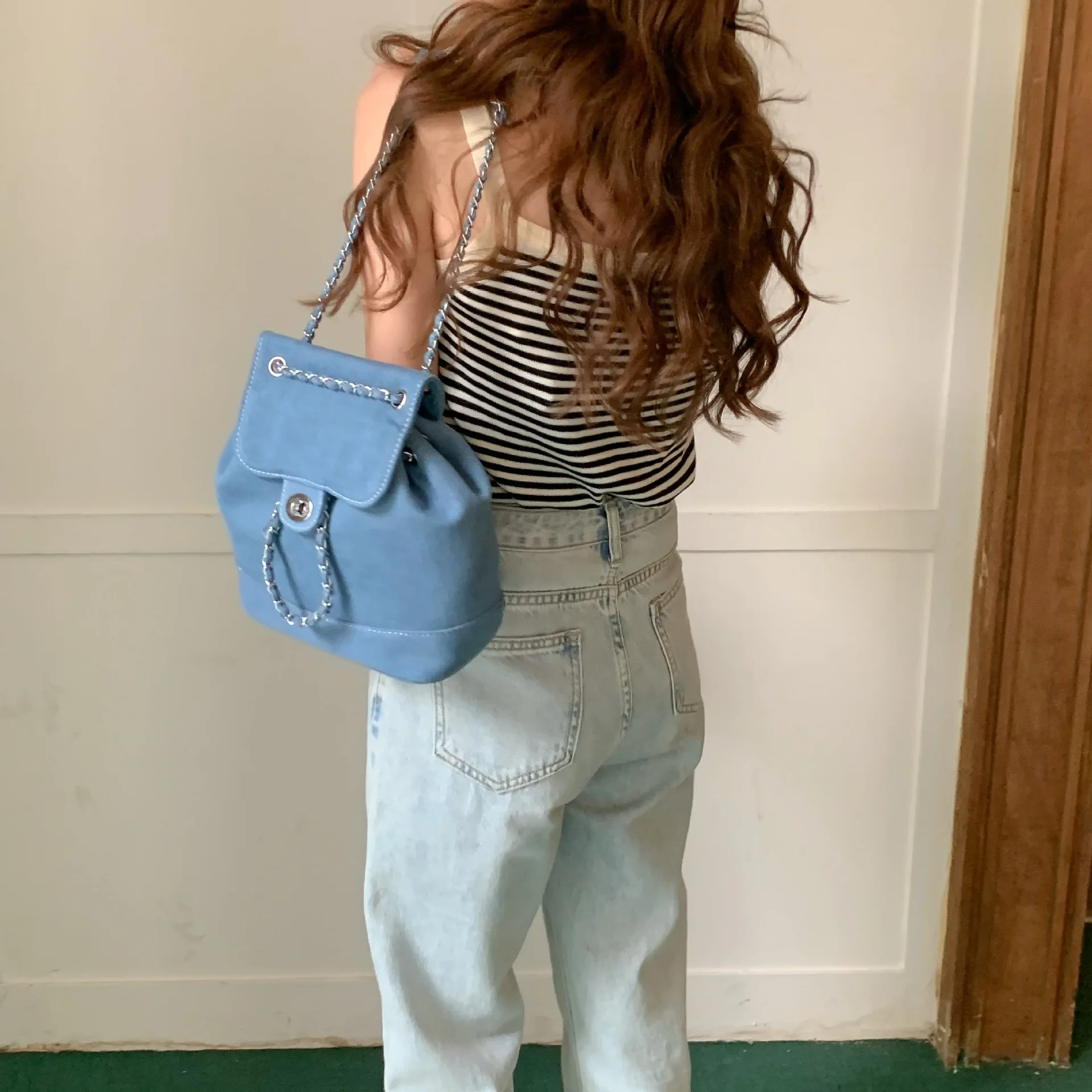 Mochila Denim Azul de Corrente para Mulheres, Mochila Commuter de Viagem para Senhoras, Bolsa de Ombro para Meninas, Moda Pequena