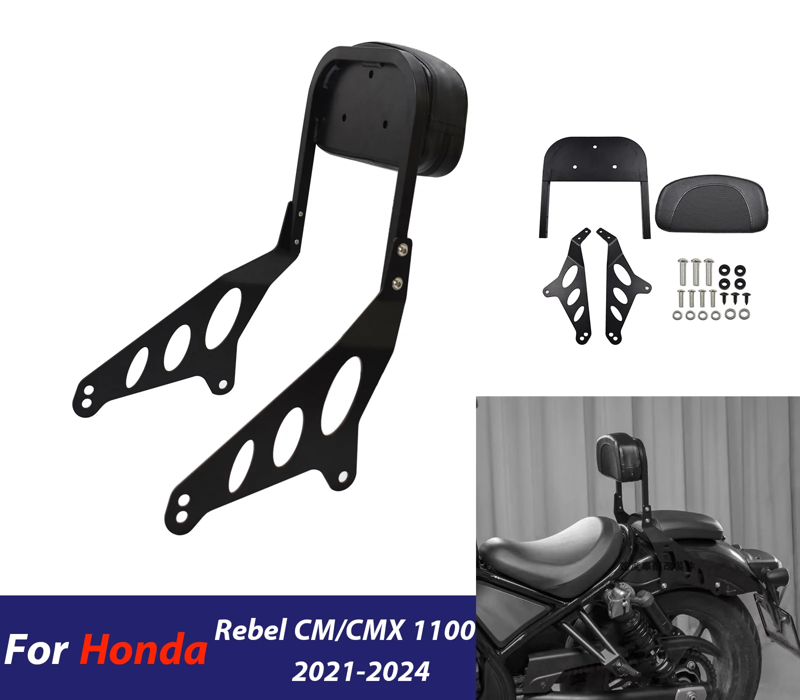 

﻿ For Honda Rebel CM CMX 1100 2021-2024 Front Rear Backrest Motorcycle Rear Passenger Backrest Sissy Bar With Luggage Rack