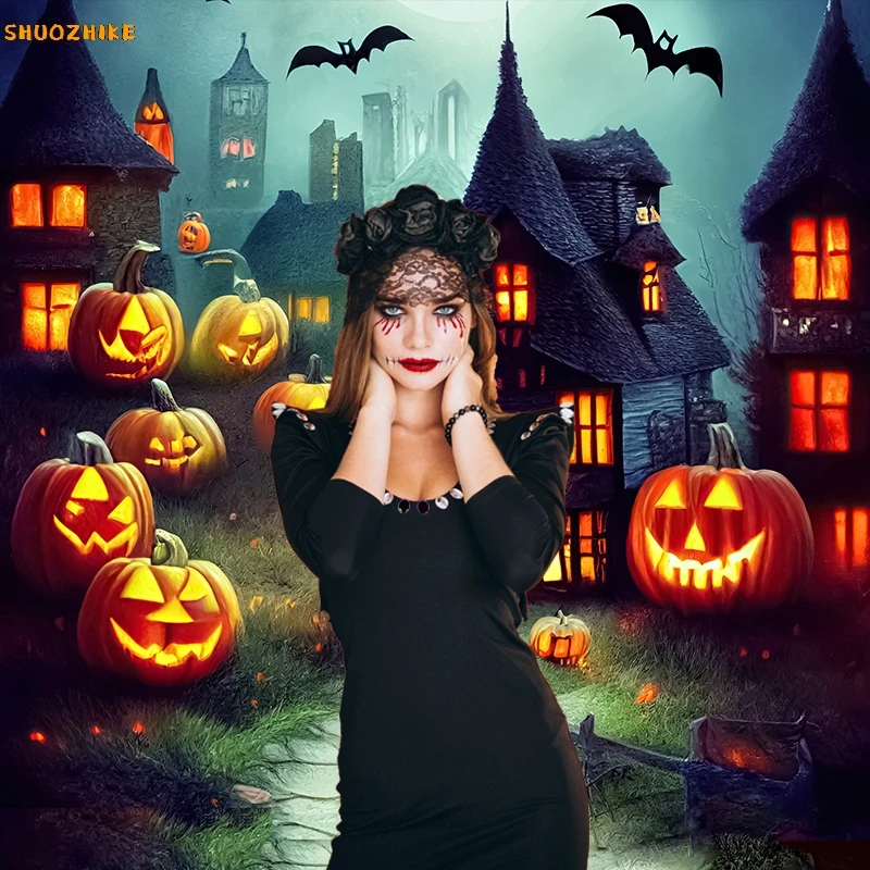 Fondo de fotografía Halloween fotófono noche Luna murciélago Castillo árbol gato bruja foto telones de fondo decoración de fiesta Accesorios