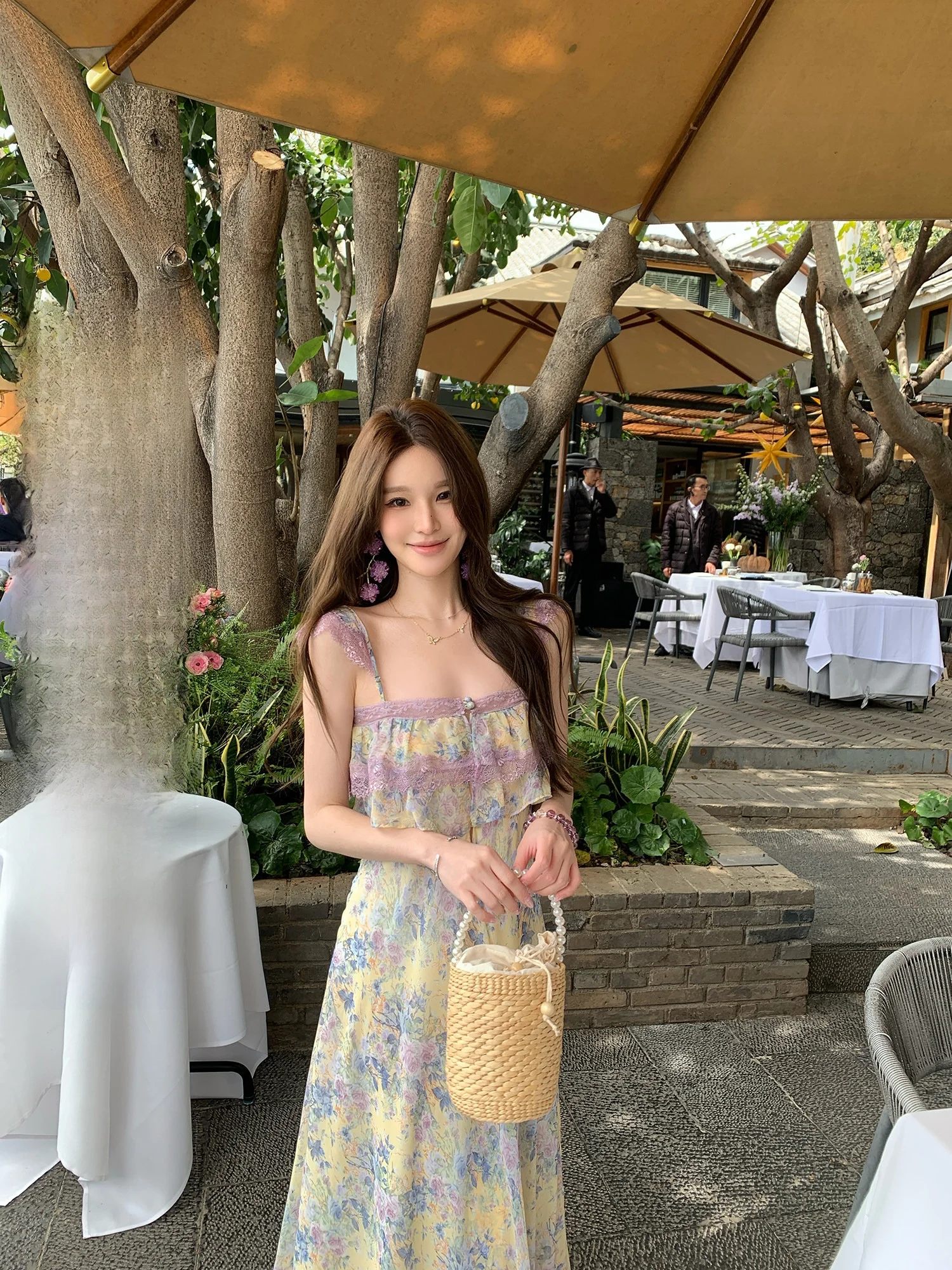 

Summer New Women's Floral Print One Shoulder Strap Dress Yellow Single Grain Purple Lace Trim Splicing French Style A-Line Skirt
