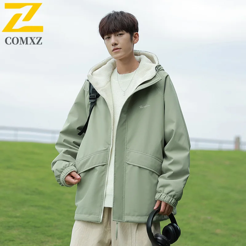 

Hooded Cotton Jacket Men Shearling Trendy Outdoor Camping Two Sided Windproof Warm Parkas Hiking Sport Thickened Padding Coat