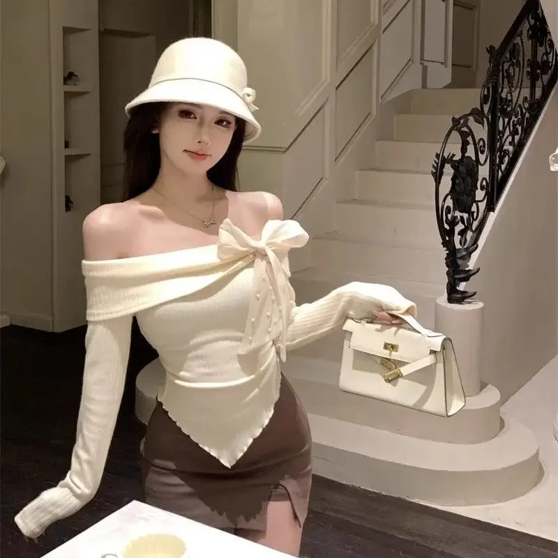 Off Shoulder Knit Top With Bow Detail Long Sleeve Slim Fit Pullover For Summer Evening Wear