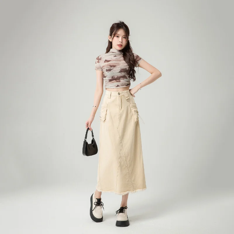 Retro American Design Sense High Waist Split Half Skirt For Women In Summer, Slim Fit, Versatile Drawstring Work Dress
