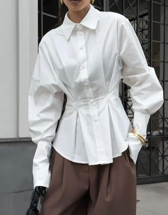 

Women Shirt Spring Fashionable Style Elegant British Style Pleated Waistband Lapel Button Long Sleeved Shirt Suitable for Daily