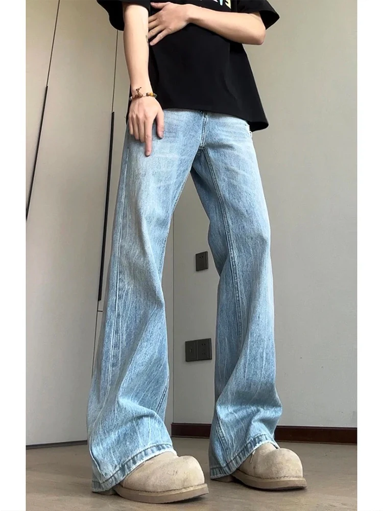 

Light Blue Lightning Pattern Men's Summer Thin Denim Jeans High Street Vibe CleanFit Flared Long Trousers Straight Cut Loose Fit