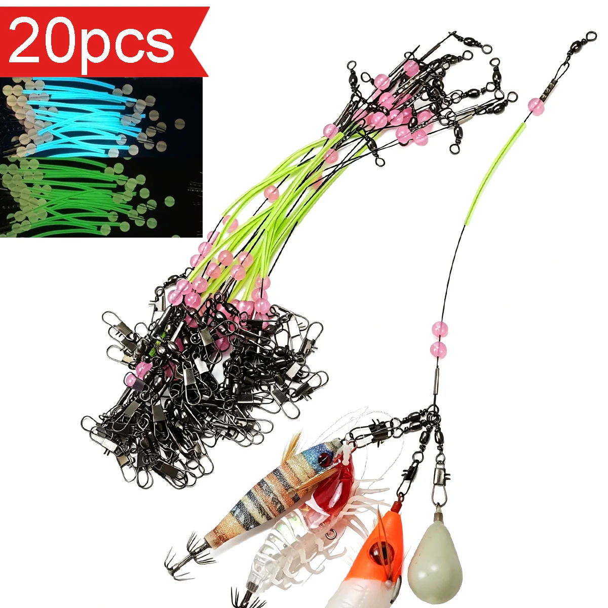 20pcs Fishing Line Pre-tied Sabiki Fishing Rig Anti-Tangle Saltwater Rock Fishing Tackle with Glow Beads Swivels Quick Snaps