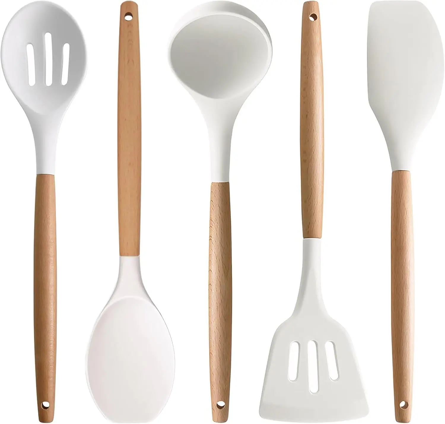 

Silicone Kitchen Utensils Set of 5, Cooking Utensil Set with Heat Resistant Wooden Handle Non-Stick Silicone Spatula Spo