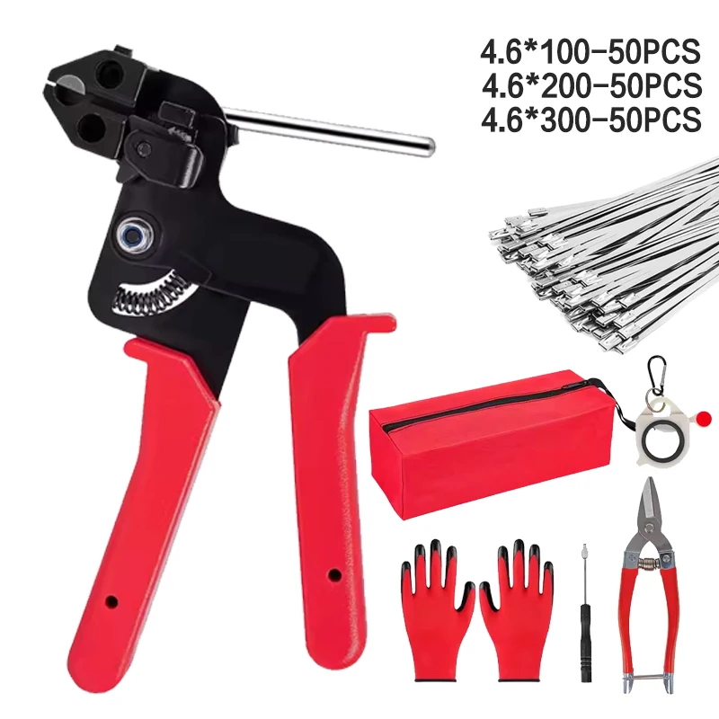 Red Set Automatic Zip Tensioning Tool Cable Ties Plier Cable Ties Guns Stainless Steel Hand Fastening Strap Cutting Wrap Tool