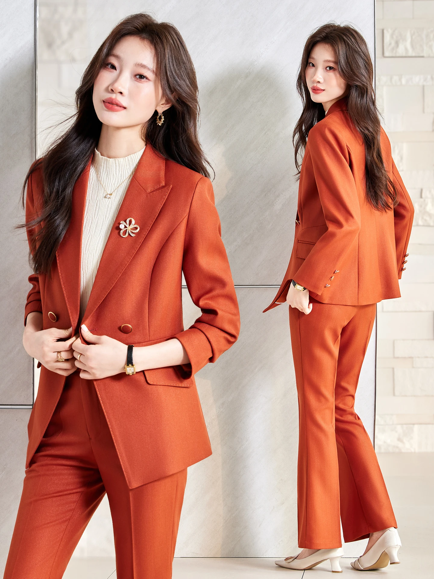 Professional Women's Suit Jacket 2026 New Spring Commute Host Outfit Office Formal Orange Suit Set Slim Fit Long Sleeve