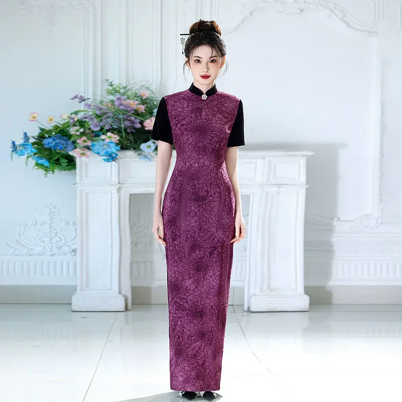 

Purple Elegant Women Chinese Tradition Style Cheongsam New Improved Female Mandarin Collar Satin Qipao Short Sleeve Dress