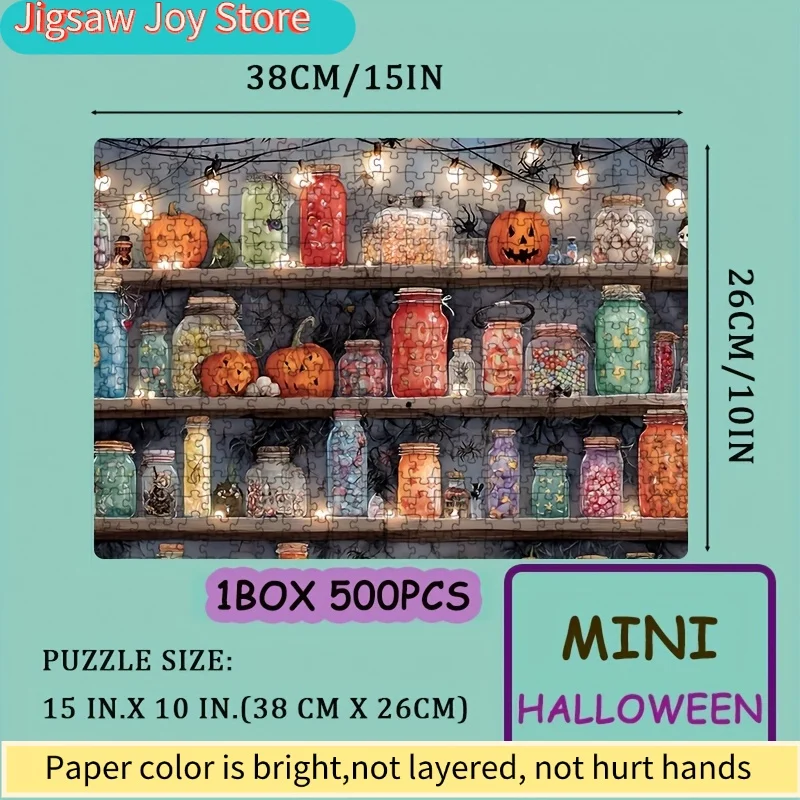 500 elementów puzzli dla dorosłych z motywem ciepłego, halloweenowego słoika, idealne do gier i zajęć na imprezy. To przytulne mieszanie