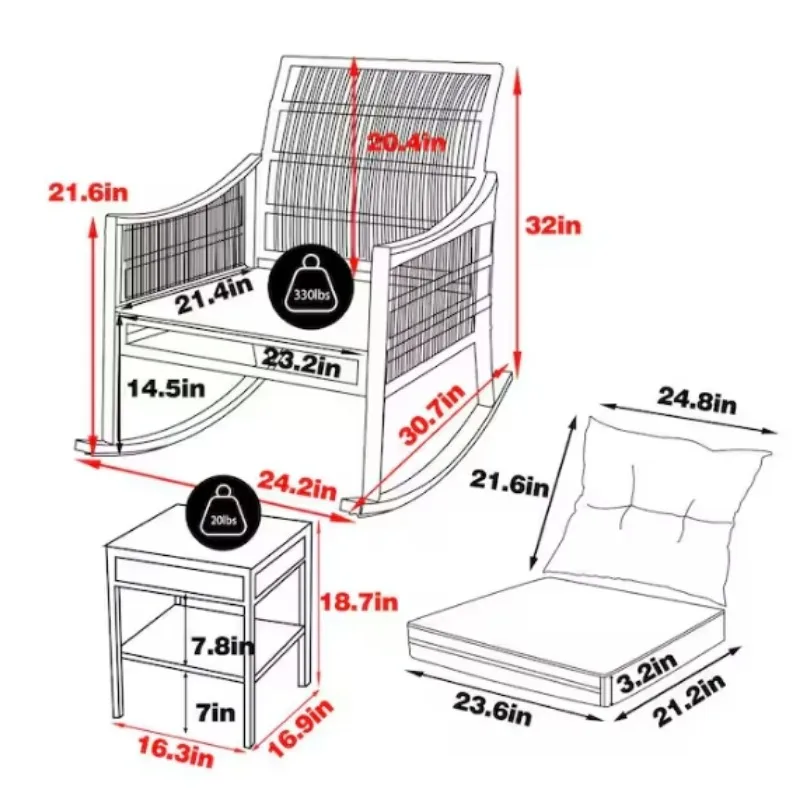 Conjunto de bistrô de balanço de vime para exterior de 3 peças com almofadas, conjunto de móveis de vime para pátio com cadeira de balanço e mesa de centro de vidro