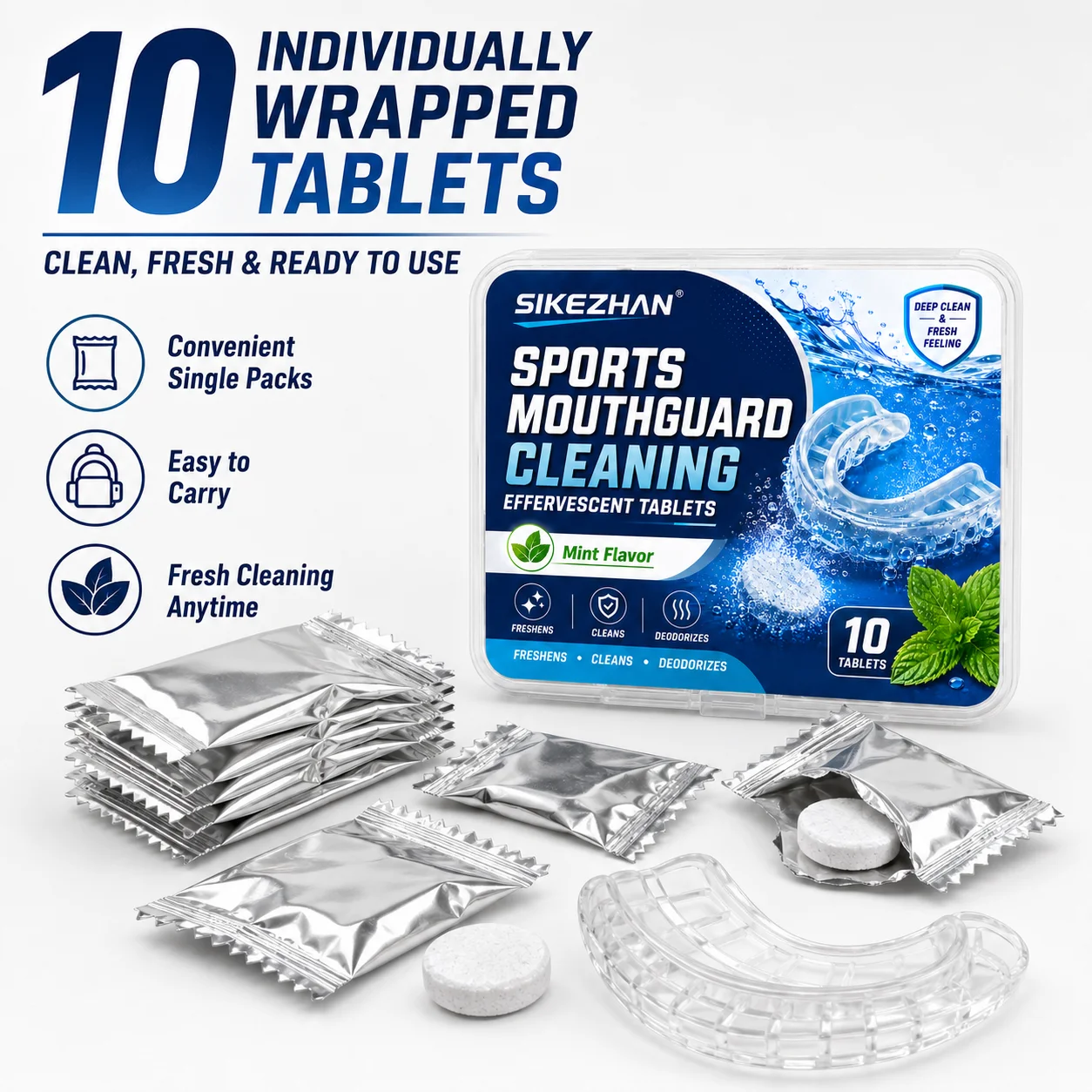 10PCS Sports Mouth Guard Cleaner Tablets Mint Flavor Effervescent Cleaning Tablets for Boxing Football and Athletic Mouthpieces