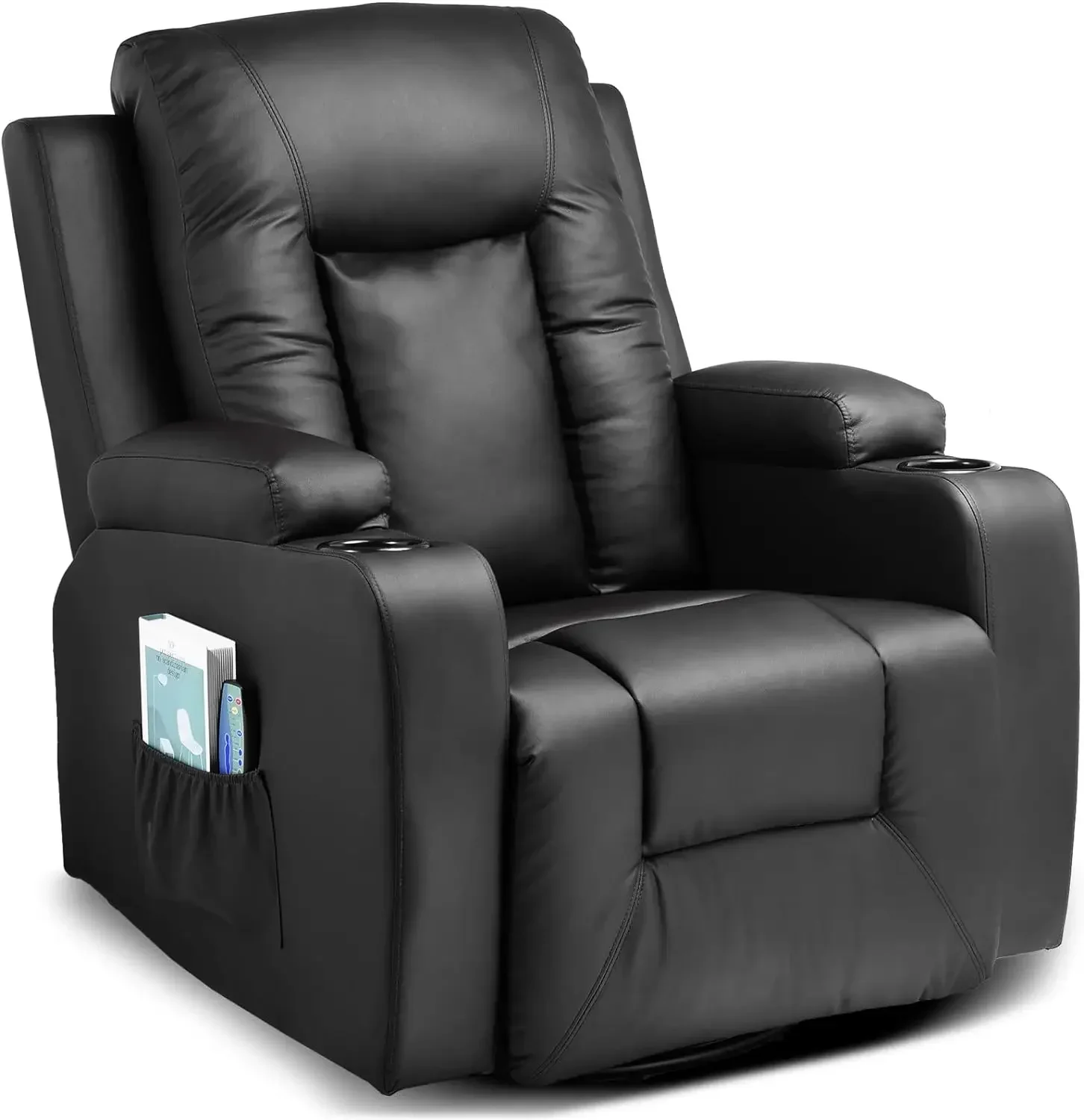 Leather Recliner Chair Rocker with Heated Massage Ergonomic Lounge 360 Degree Swivel Single Sofa Seat