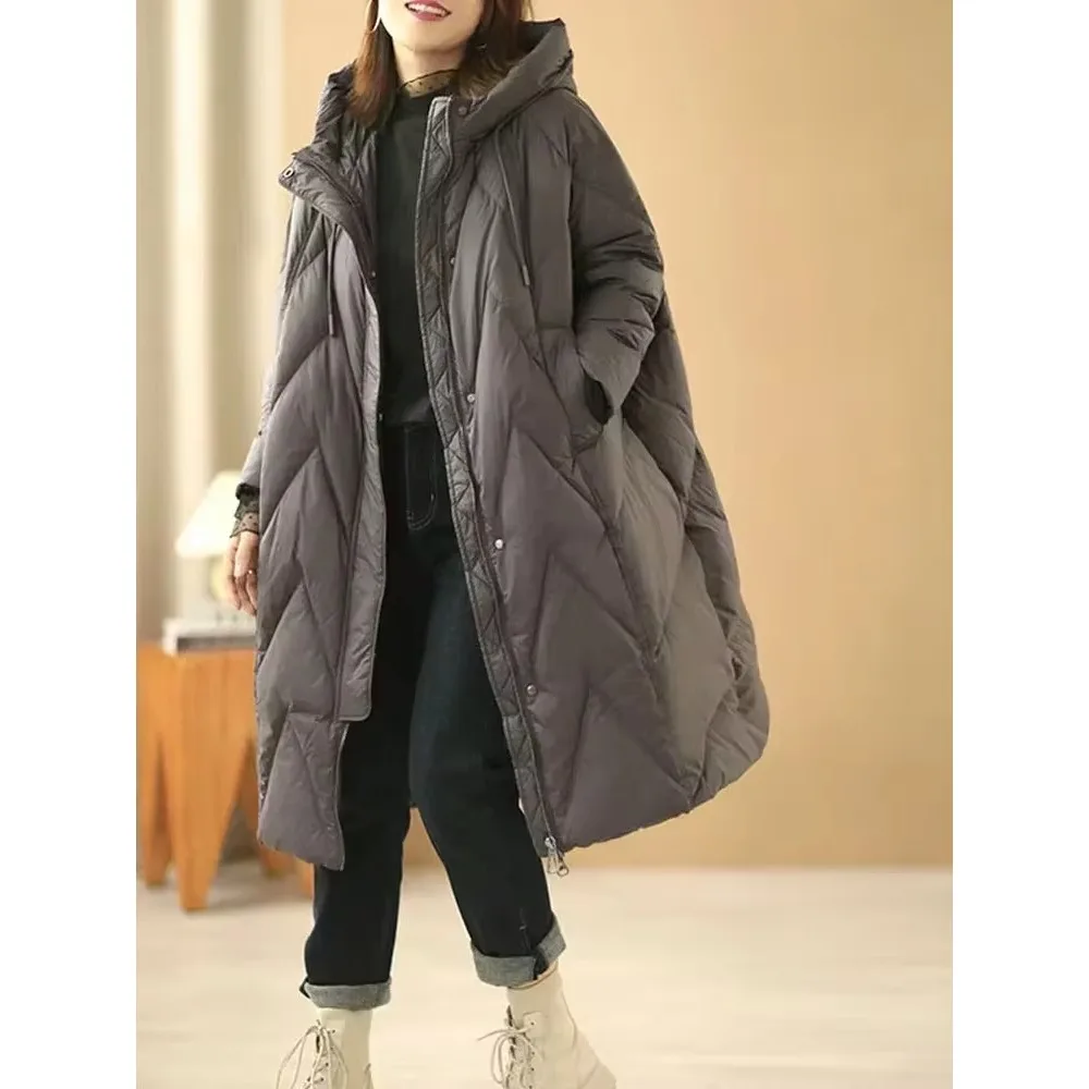 2024 Winter Fashion New Lady Loose Long Coat White Duck Down Jacket Women Overcoat Winter Hooded Puffer Feather Parkas Female