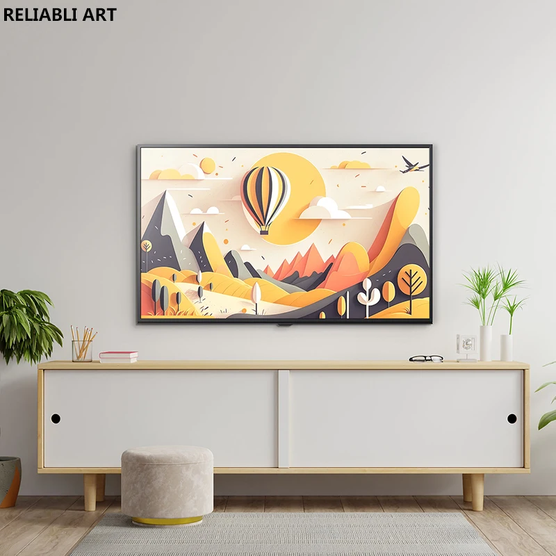 Cartoon Mountains and Sun Landscape Poster,Modern Papercut Art Style Canvas Print Painting,Wall Art Picture Room Decor Unframed