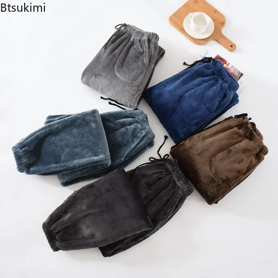 2024 autunno inverno uomo spessa calda flanella pigiama pantaloni morbido Casual elastico in vita coulisse in pile Sleep Bottoms Homewear maschile