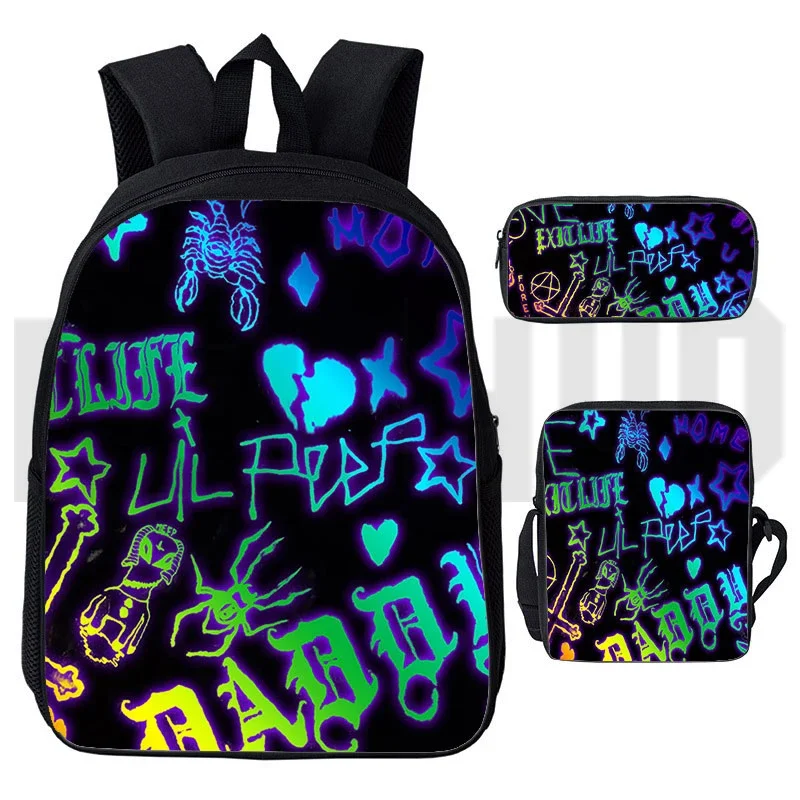 

Top Quality 12/16 Inch Rapper Lil Peep 3D Backpacks Funny Anime Kids School Bags 3 Pcs/Set Mens Lil Peep Crossbody Pencil Pouch