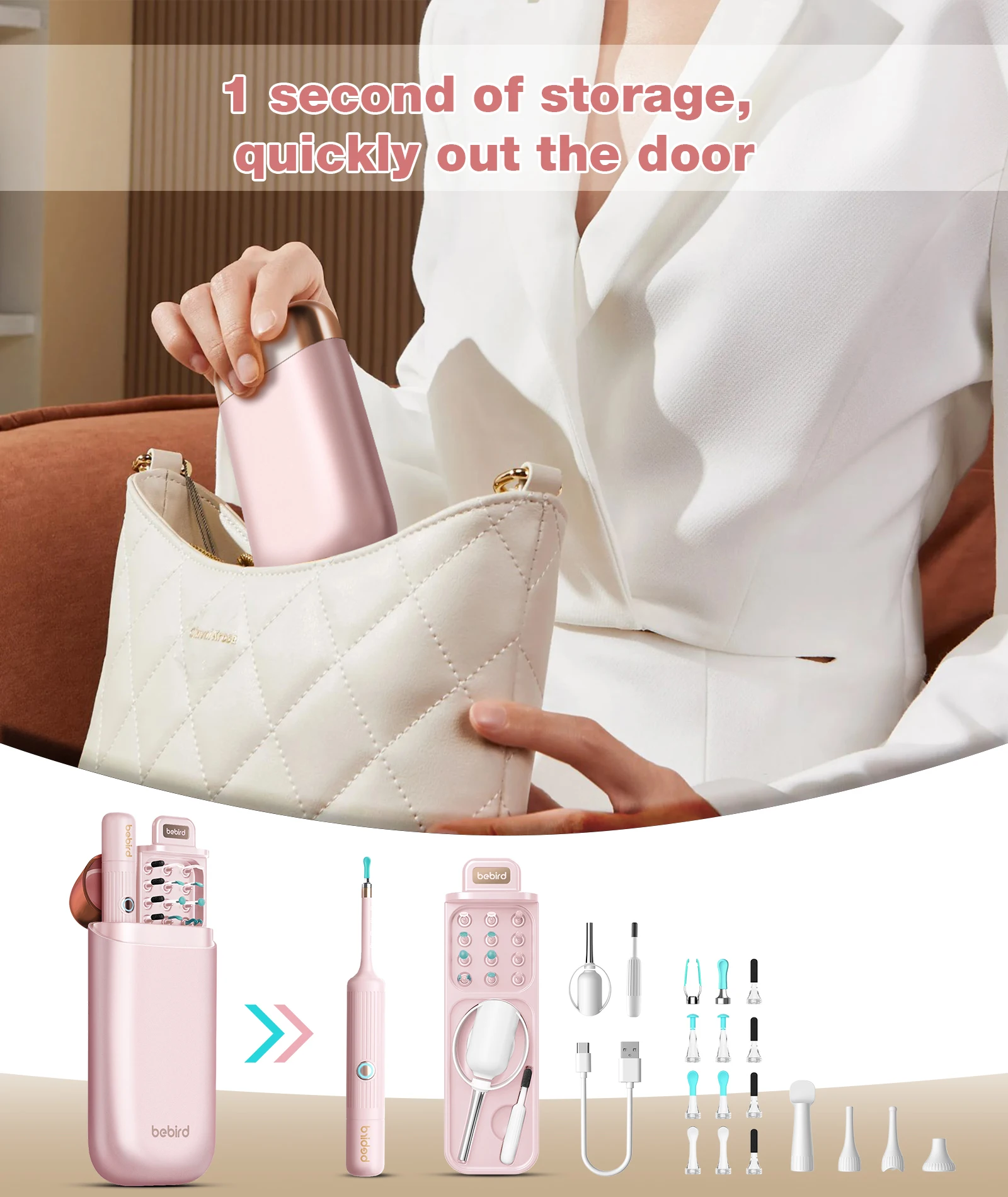 Nettoyeur de cire d'oreille visuel intelligent 4 en 1, avec caméra, Endoscope HD, outil d'otoscope de nettoyage visuel multifonctionnel des oreilles, comprend un stockage