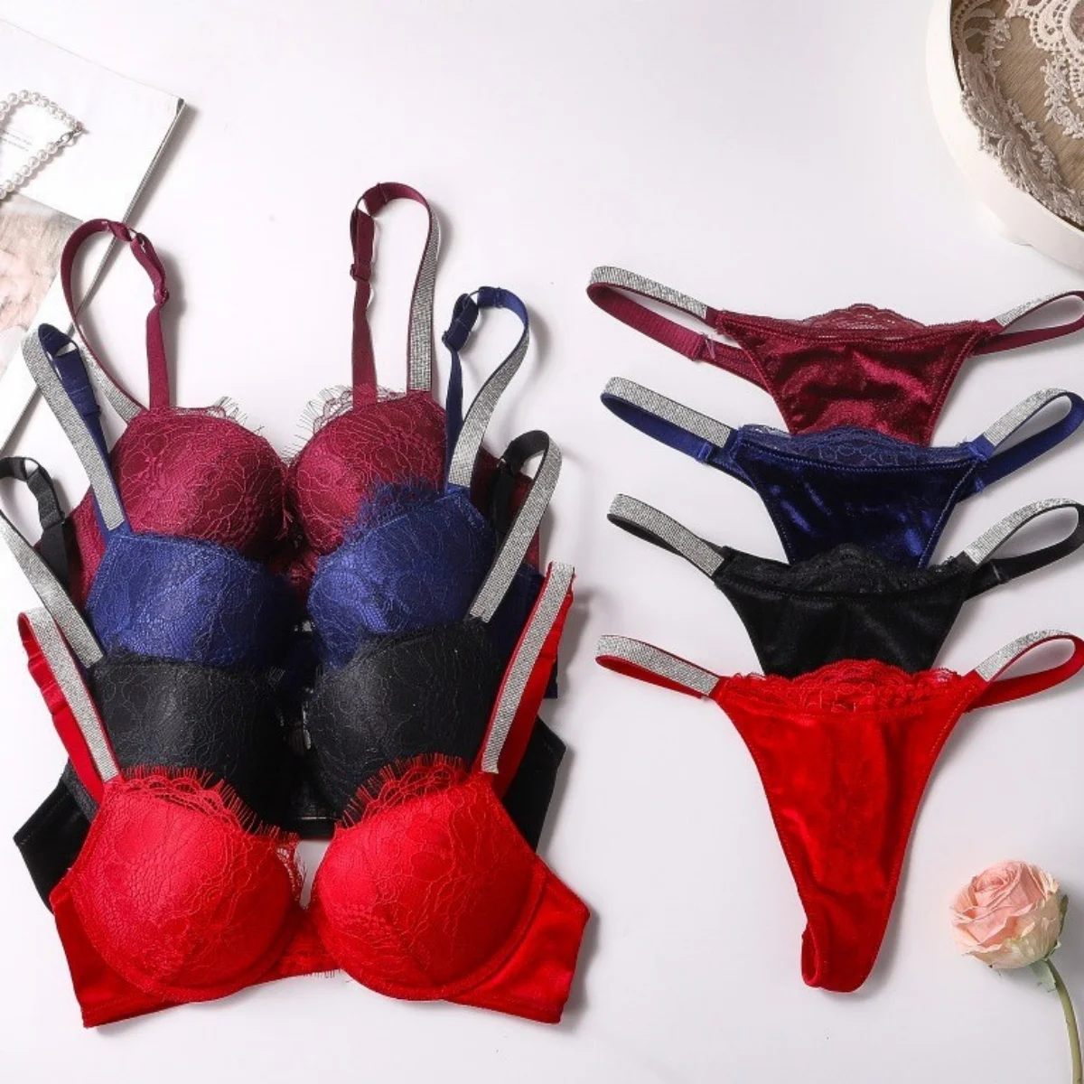 

Bra Set Gathering Sexy Bra Glossy Breathable Underwear Set Adjustable Women's Rhinestone Underwear New plus size lace sexy bra