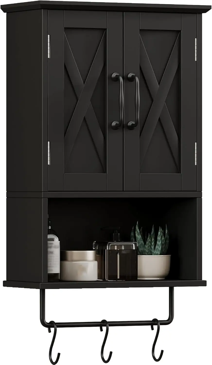 

Farmhouse Bathroom Wall Cabinet with Adjustable Shelf, Towel Bar, 3 Hooks, Over Toilet Storage, 19.3''L, Black