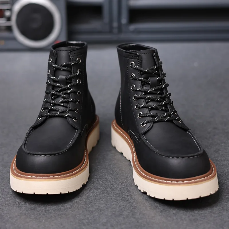 2026 New Fashion Genuine Leather Work Boots Men's Motorcycle Ankle Boots Round Head Comfortable Sports Thick Soled Shoes