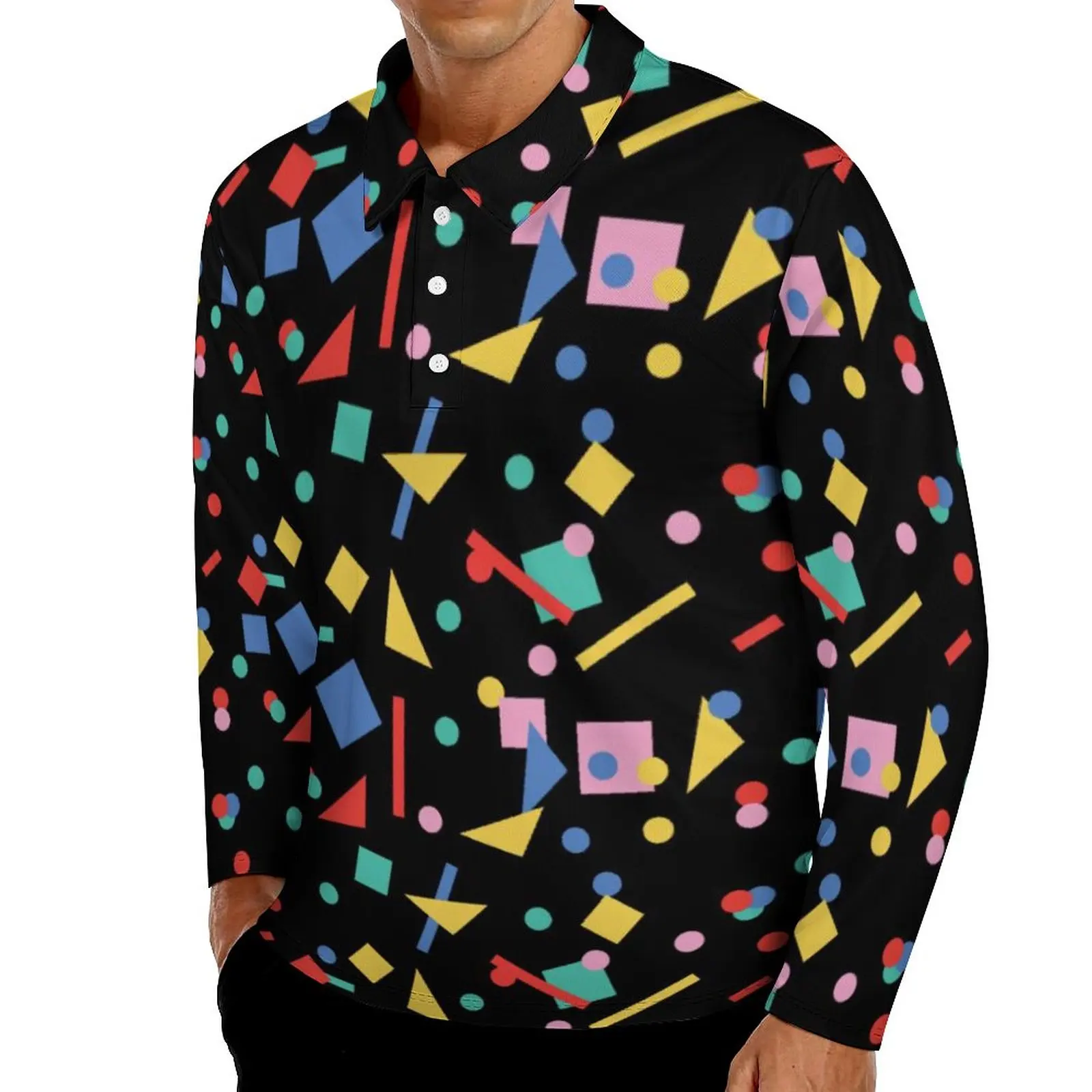 

Retro 80s Pop Art Casual Polo Shirt Geometric Shapes T-Shirts Long Sleeve Custom Shirt Autumn Retro Oversized Tops Birthday Gift