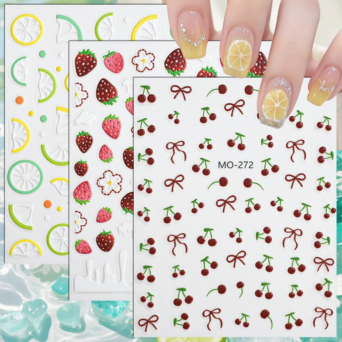 3/6/12 Sheets 5D Cherry Strawberry Lemon Fruit Nail Stickers Self Adhesive Bow Nail Art Decals DIY Manicure