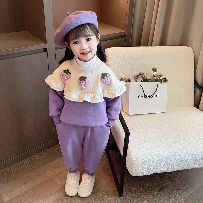 Children Winter Clothing Sets Baby Girls Strawberry Thickened Sweater Pants Kids Clothes Outfits Infant Tracksuits Sportswear