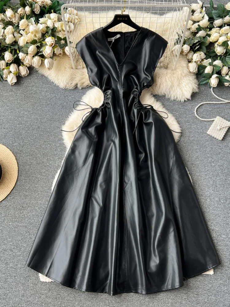 American Design Dresses Sleeveless Solid Color Hollow Out PU Leather Draw String Dress Slim Waist Elegant Women Clothing 2024