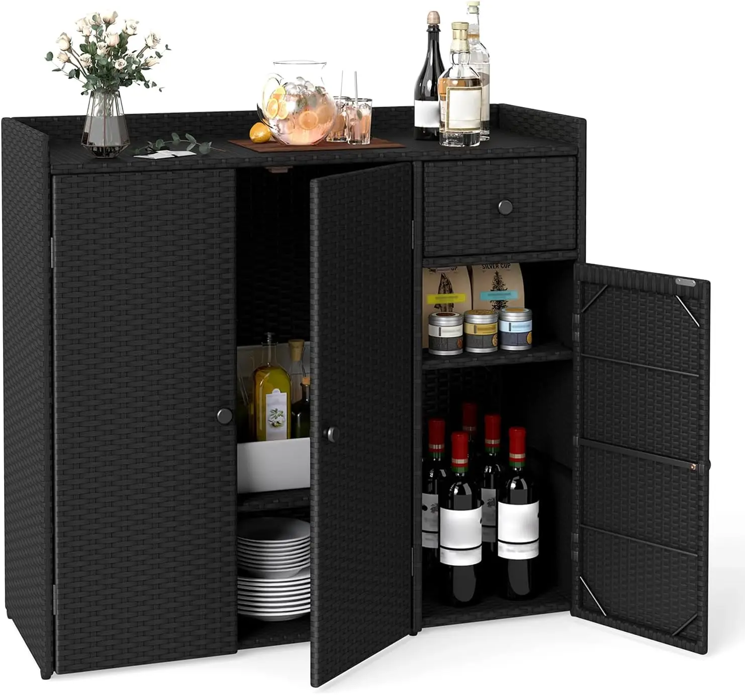 PE Rattan Outdoor Storage Cabinet with 2 Adjustable Shelves, Wicker Freestanding Patio Organizer Cabinet for Backyard Garden Balcony Home Use