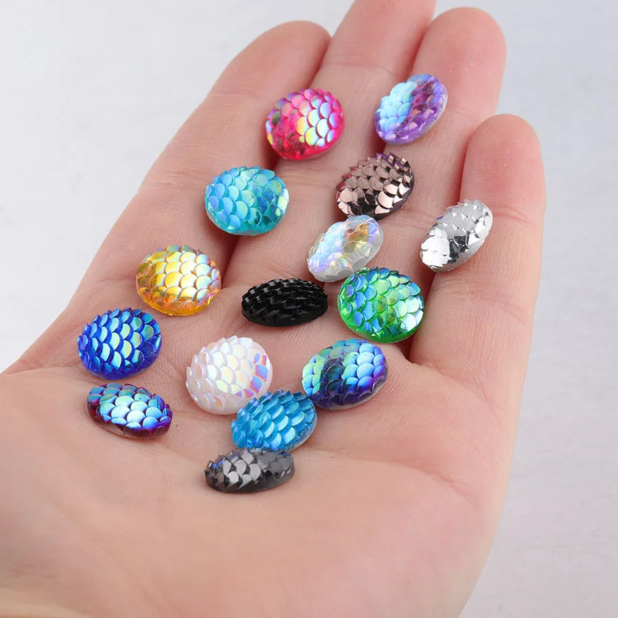 Rumnvnty 50pcs 12mm Heart Mix Colors Mermaid Fish Scale Flat back Rhinestone Round Cabochon Embellishment Scrapbooking DIY Craft