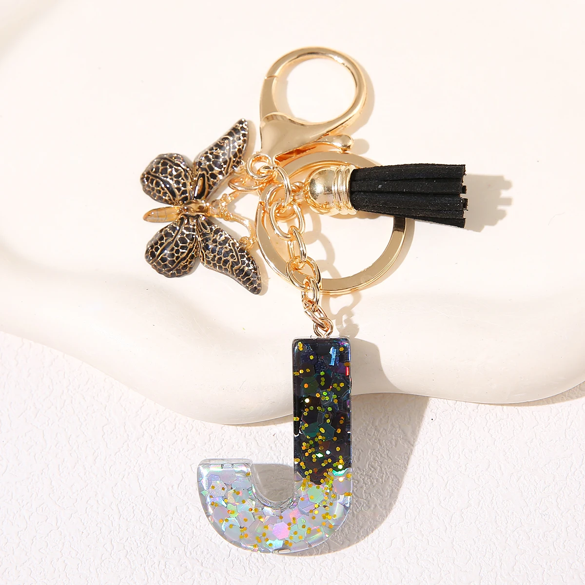 Men and Women Resin Letter Keychain with Black Butterfly and Tassel Charm Sequin Monogram Hanging- Personalized Anniversary Gift