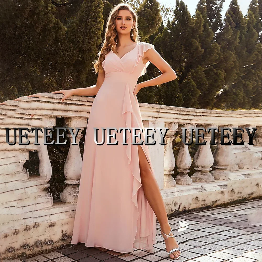 Robe de demoiselle d'honneur trapèze rose personnalisée, col en V, sans manches, à volants, en mousseline de soie, longueur au sol, robes de soirée de mariage pour femmes