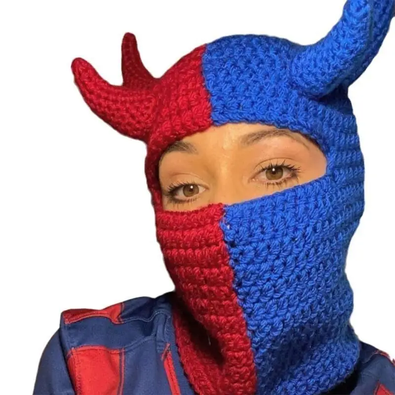 Halloween Balaclava Cap Knit Beanie Hat Unique Horn Party Holiday Headwear Y08E