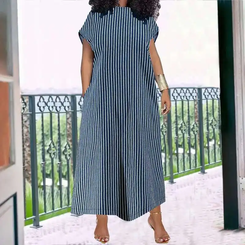 

218527 Plus Size Women's Denim Loose Sleeveless Round Neck Striped Long Dress Casual 2025 Party Summer Elegantes Casual Y2k