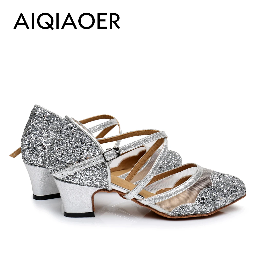 Silver Latin Dance Shoes for Women, Paillette and Mesh, Ballroom Dance Competition Shoes, Closed Toe Sandals, New