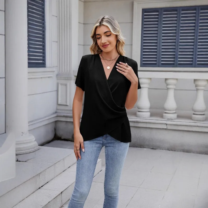 

Женская блузка с V-образным вырезом и запахом спереди, повседневная, свободного кроя, с коротким рукавом, летняя туника