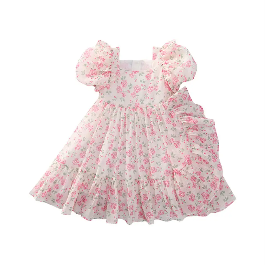 

2024 new Summer Girls Kids Puff Short Sleeves Ruffles Floral Dress Princess Birthday Dresses Children Vestidos Clothes 2-14age