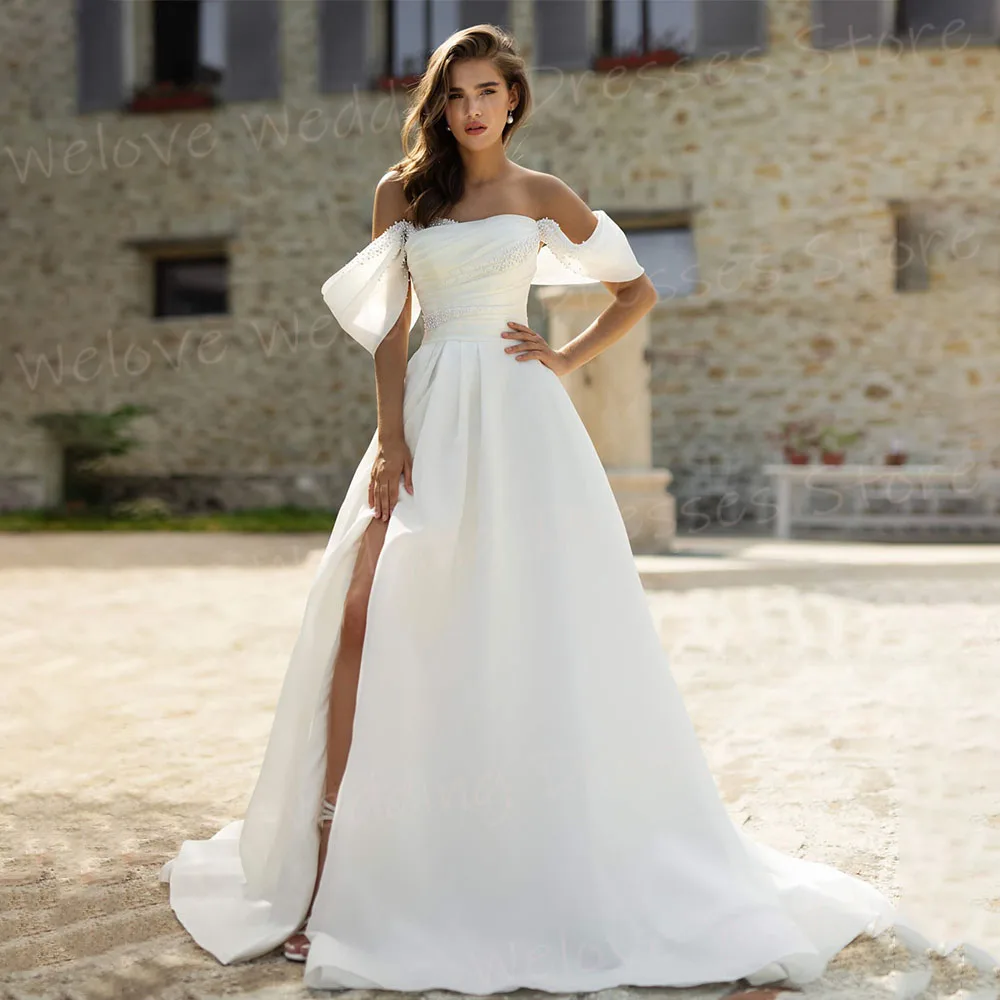Abiti da sposa semplici da donna con linea A e spalle scoperte Abiti da sposa personalizzati in pizzo senza maniche con spacco laterale Abiti da sposa Boda